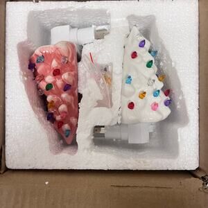 2 Pack Pink & White Ceramic Christmas Tree Night Lights Vintage Style Plug-In
